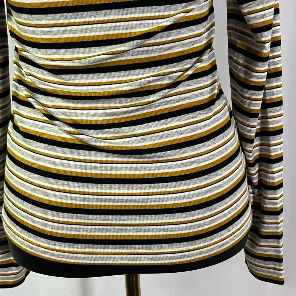NWT LOFT Mustard Yellow Black & Gray Striped Long Sleeve Round Neck Top